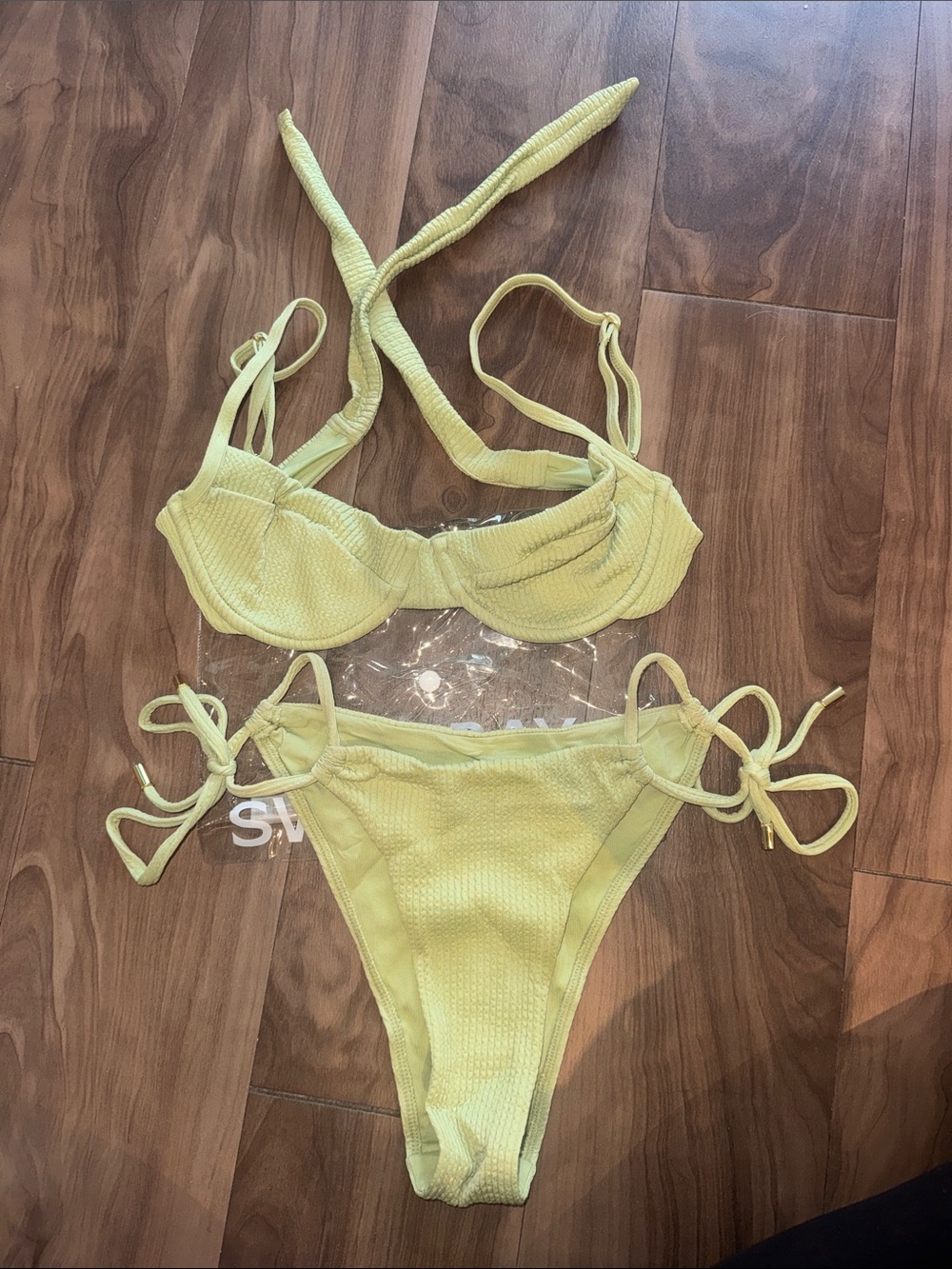 Monday swimwear olive green crinkle size P Textured Tie-Side Bikini Set